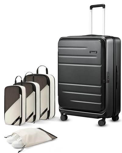 LUGGEX Checked Top Opening Expandable Suitcase Bundle, Black, 28" | Checked Luggage, Travel Packing Cubes, Top Opening Design, 100% PC Hard Shell, Expandable Storage, TSA Approved Lock, FX-Core - color: Black, size: 2-Piece Set Bigger 28-Inch
