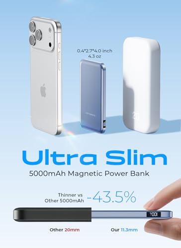 Aobbow Magnetic Portable Charger, 50% Smaller & Slimmer 5000mAh Power Bank with LED Display, 15W Fast Charging Battery Pack, Travel Essential MagSafe Compatible Charger for iPhone 17/16/15 - Dark Blue - color: Dark Blue