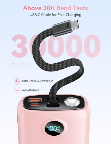 DIAMUAR Portable Charger 20000mAh 45W, Built in USB C Cable, 3W Flashlight | Fast Charging, Digital Display, 3 Ports, All-Day Power, Travel-Ready, for iPhone 17/16/15, Tablet, Laptop, Camping Essentials - color: Pink