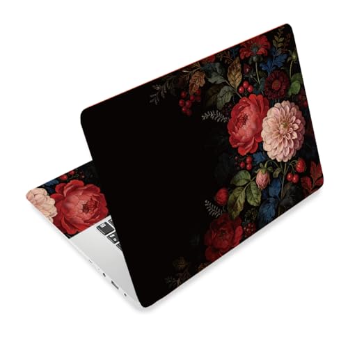 3Pcs Red Flowers Laptop Skin Sticker Plants Universal Removable Vinyl Stickers Fits for 12.1 13 14 15.6 16 Inch Waterproof Notebook Decal Cover Gift for Woman - color: Black and Light Pink