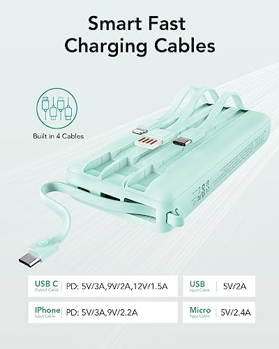 VRURC Portable Charger 20000mAh, Built-in Cables Fast Charging Power Bank, PD QC 3.0 Travel Essentials Battery Pack, 4 Output & 2 Input Phone Charger for iPhone, Samsung, Android - color: Green