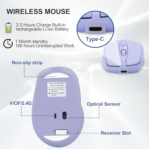 Rechargeable Wireless Mouse, Bluetooth for Laptop/iPad/MacBook Pro/Air, Silent for PC/Surface Pro/Lenovo/Samsung Table, Portable Slim Computer Mouse (Purple) - color: Purple