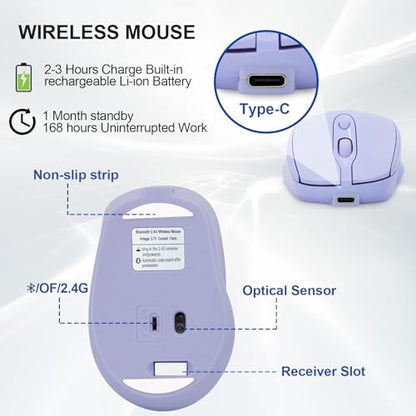 Rechargeable Wireless Mouse, Bluetooth for Laptop/iPad/MacBook Pro/Air, Silent for PC/Surface Pro/Lenovo/Samsung Table, Portable Slim Computer Mouse (Purple) - color: Purple