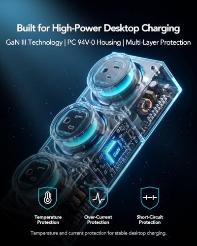 MFish E-Tank 240W GaN Desktop Charging Station, 7-in-1 Desktop Power Hub | 3 AC outlets, 4 USB-C ports, 140W PD 3.1, smart power sharing, RGB lighting - color: 240W Power Strip - Gray