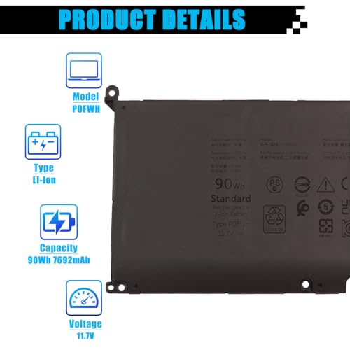 90Wh P0FWH Laptop Battery Replacement for Dell Alienware m16 R2 Inspiron 16 Plus 7640 Inspiron 16 7640 2-in-1 Series POFWH 0M9DG0 HGJCY 11.7V 7692mAh 6-Cell - size: 10.83*3.73*0.30 inch P0FWH