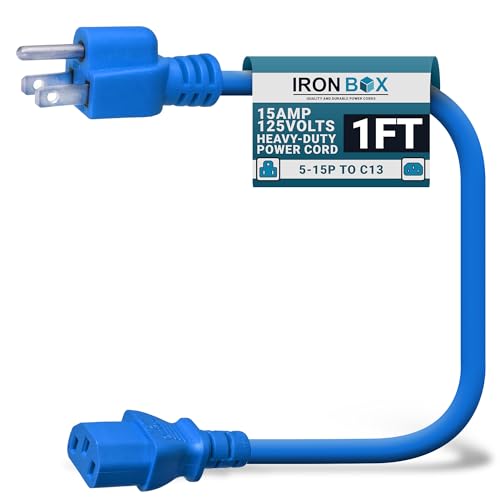 IronBox Electric - Heavy-Duty 5-15P to C13 Power Cord - 3 Prong 15A 125V 14/3 SJT PC Cable - Cord for Computer, Monitor, Subwoofer, Amplifier - Cable for Power Supply - (Blue 1 Foot) - color: Blue, size: 1 ft