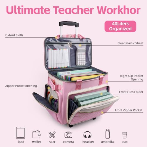Rolling Teacher Bag, Fits 15.6" Laptop, With Cart,off-white pink | 4 Ways To Carry, 40L Large Cap, 1680 Oxford Puncture Resistant, Reinforced Design, Not Easy Collapse