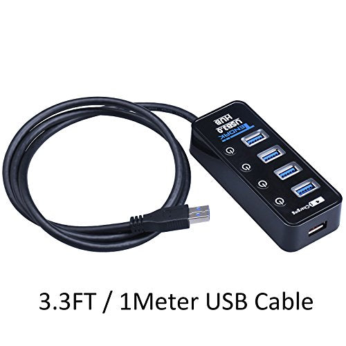 USB Hub with 4 USB 3.0 Data Ports + 1 USB Smart Charging Port | 5 Ports USB 3.0 Hub with Power Supply, Individual On/Off Port Switches for MacBook, Mac Pro, Hard Drive and More