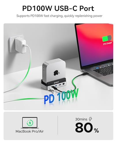 ORICO MiniDock Stand Compatibility with Mac mini M4, 10-in-1 Aluminum Hub with M.2 SSD Enclosure, 10Gbps USB-C & USB-A,5Gbps 4K HDMI, Gigabit Ethernet, SD/TF Card Readers,Type-C(PD3.0)