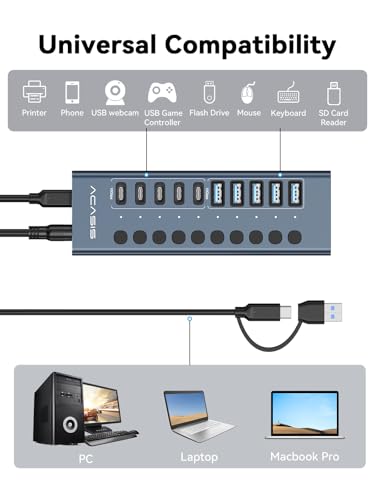 Powered USB 3.2 Hub, ACASIS 10 Ports USB 3.2 Hub(5 USB-A 3.2 Ports+5 USB-C 3.2 Ports), Aluminum USB Hub Powered with 48W Power Adapter, USB Hub for PC/Laptop, Computer, Flash Drive, Printer, Camera - size: 10 Ports