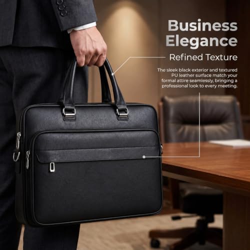 Men's Leather Laptop Bag 15 IN, Water-Resistant Briefcase Messenger Bag for Work, Business, Shoulder Crossbody Office Satchel - color: Black
