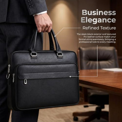 Men's Leather Laptop Bag 15 IN, Water-Resistant Briefcase Messenger Bag for Work, Business, Shoulder Crossbody Office Satchel - color: Black