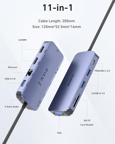 BENFEI 11-in-1 USB C Hub Triple Display Docking Station Dual HDMI, VGA, 3*USB 3.0, 1Gbps Ethernet, 100W Power Delivery, SD/TF Card Reader, 3.5mm AUX Audio Compatible with MacBook XPS Surface - color: Grey, size: 11-in-1