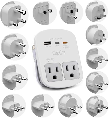 Ceptics Universal Travel Adapter, 35W World Travel Adapter Kit - 2 USA sockets, USB-A, USBC, 1x PD 35W USB-C and USBC Cable, Perfect for Laptops, Cell Phones, Chargers - Surge Protection - color: White