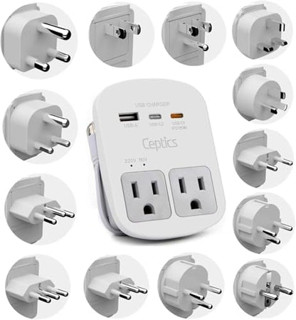 Ceptics Universal Travel Adapter, 35W World Travel Adapter Kit - 2 USA sockets, USB-A, USBC, 1x PD 35W USB-C and USBC Cable, Perfect for Laptops, Cell Phones, Chargers - Surge Protection - color: White