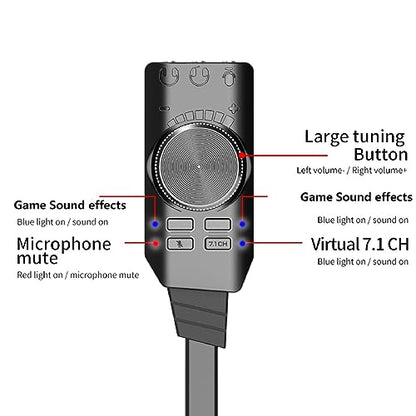 7.1 Channel USB Sound Card Adapter External Sound Card USB Audio Adapter with 3.5mm Interface & USB 2.0 Interface for PC Laptop Gaming Device