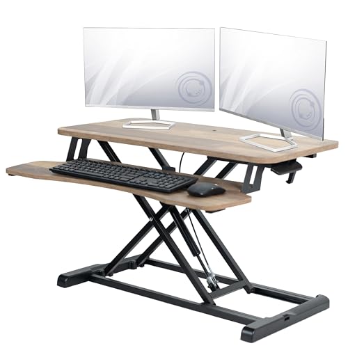 VIVO Reclaimed Wood 32 inch Desk Converter, DESK-V000KP | Height Adjustable, Stand Up Desk Riser, Wide Keyboard Tray, Dual Monitor and Laptop Workstation, Black Frame, K Series - color: Reclaimed Wood, size: 32"