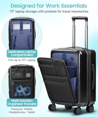 Carry On Luggage 20x14x9 Airline Approved, 20 Inch Spinner Suitcase with Front Laptop Pocket, USB A & C Ports, TSA Lock, Expandable Hardshell Carry-on Bag with Wheels, Hybrid Front Access - color: Black, size: 20 inch