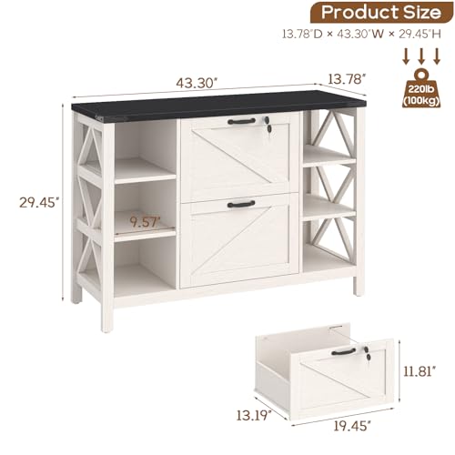 Halitaa 44" Farmhouse Lateral File Cabinet with 2 Drawers, White and Black | Filing Cabinet with Lock for Legal/A4/Letter, Wooden Printer Stand Office Furniture with Adjustable Shelves for Home Office - color: Simple White and Black