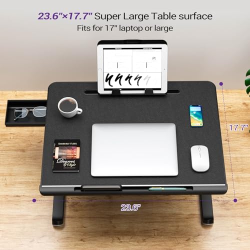 NEARPOW XXL Bed Table Tray, Adjustable Laptop Lap Desk for Couch, Gray | Bed desk for laptop and writing features anti-slip leather, 5 heights, 4 angles, book stand, a drawer & removable stopper - color: Black