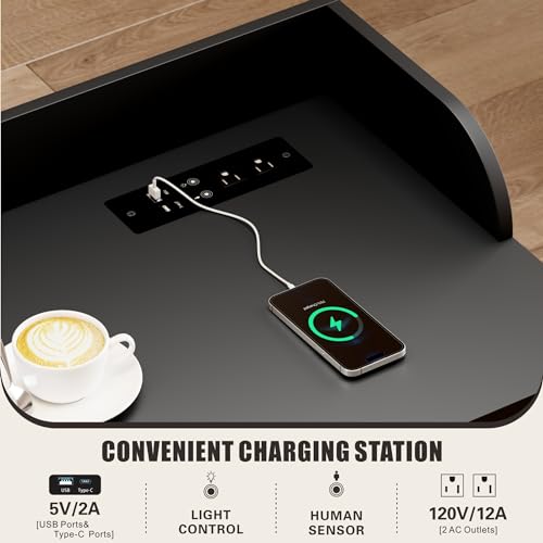 HWB Bed Table Desk with Wheels & Adjustable Height, LED Lights | Charging Station & AC Outlets, Over Bed Desk for King Size - color: Carbon Black