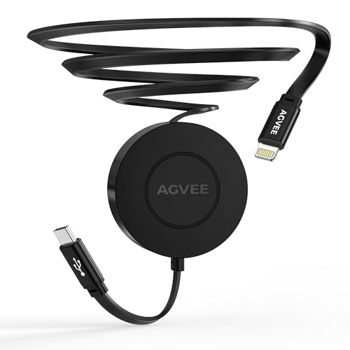 AGVEE 1ft Fixed / 3.3ft Extend Single-End Retractable Lightning Cable | Desk-Mounted, Pocket Size, 30W USB Type C to 8 Pin Fast Charger Cord for iPhone 14 to 5, iPad, iPod, Cord Organizer - size: 1ft Fixed / 3.3ft Extend, style: C to Lightning