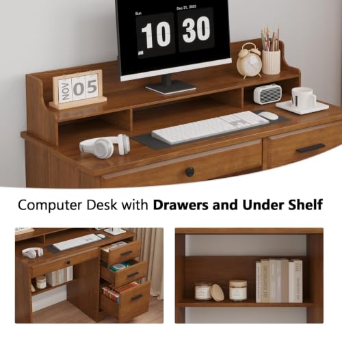 4 EVER WINNER Small Desk with Drawers for Small Spaces, 44'' Wood Desk with File Drawer & Monitor Stand, Office Desks Writing Study Table for Bedroom, Living Room, Brown - color: Brown