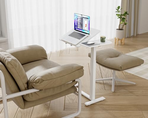 Ywin Medical Overbed Table with Wheels, Lift 27-43in, White | Steel frame & wood top, 0-60° tilt, rolling casters, 66lb load, pneumatic adjustable height for Bed/hospital/couch/office - color: White-1, size: 27.6" x 15.8"