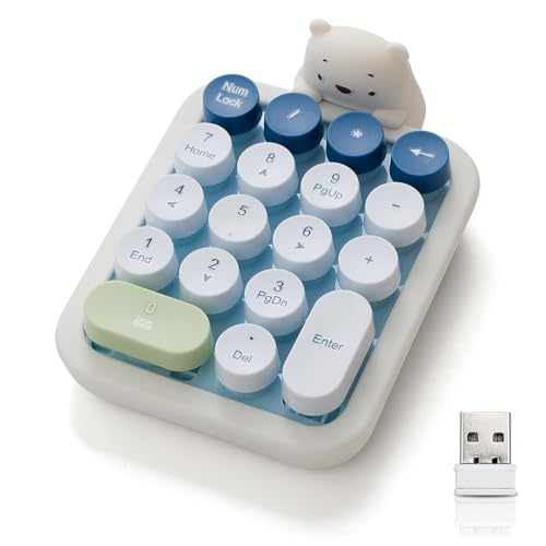 Lomiluskr Wireless Number Keypad with Cute Silicone Bear, 18 Colorful Round Keys Numpad, 2.4G USB Wireless Connection, Portable Financial Accounting Numeric Keyboard, Suitable for PC, Laptop (Blue) - color: Blue