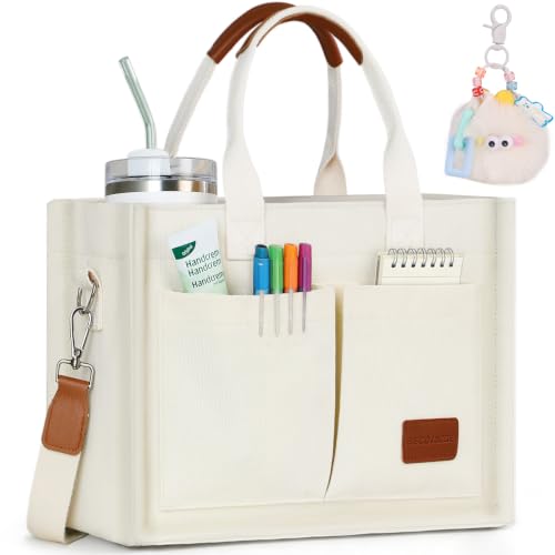 BECOJADDE Structured Canvas Tote Bag for Women, Multi-Compartment Zippered Purse for Work Bible Travel - color: Beige, size: Large