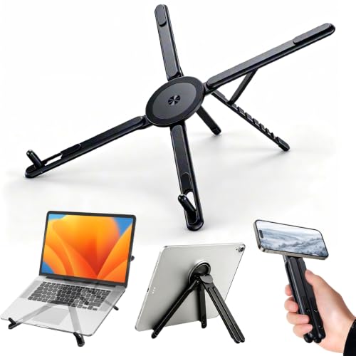 3-in-1 Portable Laptop Stand, Magnetic Tablet Phone Holder Mount | 8-Tier Ergonomic Lift Riser, Infinite Multi-angle Adjustable, N55 Strong Magnetic, Pocket Size for Travel, Vlog, Office Zoom - color: Black