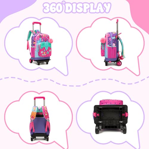 Girls Rolling Backpack for Kids Ages 8-12 Wheeled Backpack for Kids Backpacks for Girls with Lunch Bag Back to School Supplies Kit - color: Purple Ice Cream