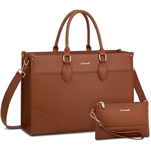 LOVEVOOK Laptop Bag for Women 15.6 lnch,Waterproof Laptops Tote Bags for Womens,Professional Work Bags for Women with Cup Holder,Large Laptop Purse Computer Briefcase Office Teacher Clutch Bag,2 PCS - color: Yellowish Brown(leather), size: 15.6 Inch