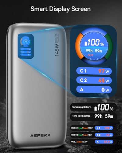 AsperX Laptop Power Bank, 145W USB C PD 3.1 Fast Charging Portable Charger | TFT Display Portable Laptop Charger Battery Pack for MacBook/iPhone 16/Dell XPS/Galaxy S25/Steam Deck/ipad (Flight-Approved) - color: Silver