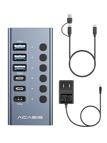 Powered USB 3.2 Hub, ACASIS 6 Ports USB 3.2 Hub(3 USB-A 3.2 Ports + 3 USB-C 3.2 Ports), Aluminum USB Hub Powered with 48W Power Adapter, USB Hub for PC/Laptop, Computer, Flash Drive, Printer, Camera - size: 6 Ports