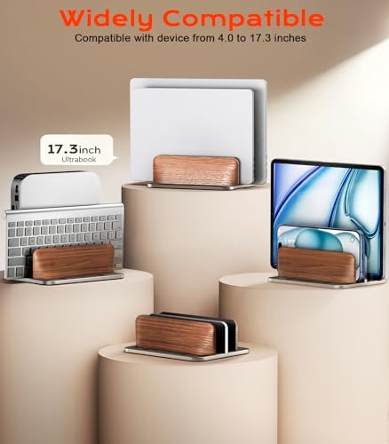 JCZT Vertical Laptop Stand, Walnut Dual Laptop Holder, Silver | with Adjustable Aluminum Alloy Base Laptop Stand for All MacBok/Surface/Samsung/HP/Dell/Chrome Book Laptops (Up to 17.3 inch) - color: Silver