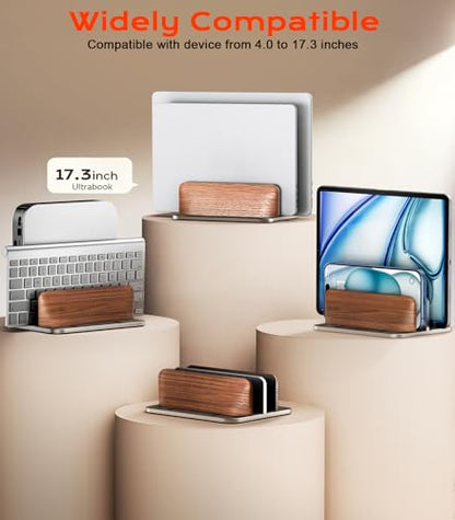 JCZT Vertical Laptop Stand, Walnut Dual Laptop Holder, Silver | with Adjustable Aluminum Alloy Base Laptop Stand for All MacBok/Surface/Samsung/HP/Dell/Chrome Book Laptops (Up to 17.3 inch) - color: Silver