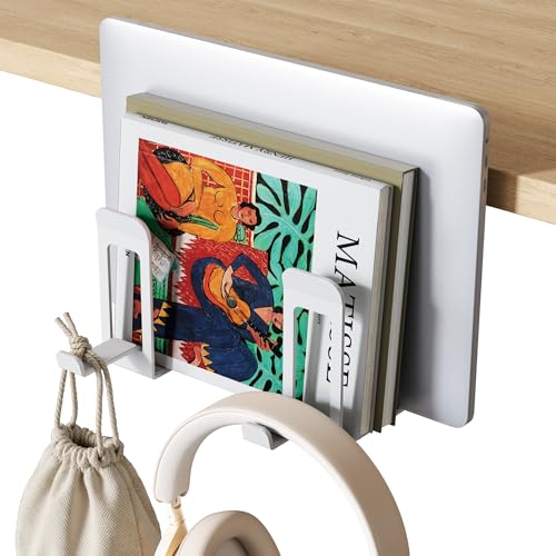 Laptop Stand Vertical, 2-Slot Under Desk Laptop Holder, White | Desk Side Storage with Headphone Holder, Laptop Organizer for Office Gaming - color: White