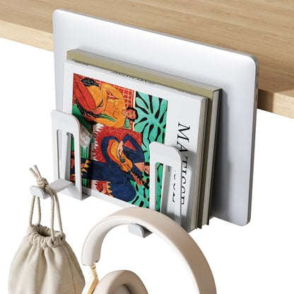 Laptop Stand Vertical, 2-Slot Under Desk Laptop Holder, White | Desk Side Storage with Headphone Holder, Laptop Organizer for Office Gaming - color: White