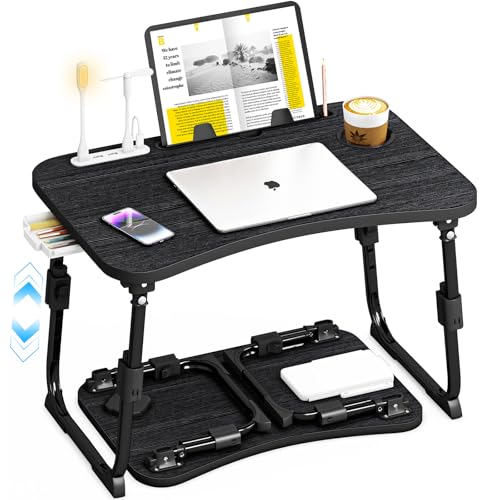 Lap Desk for Bed Adjustable Height, Foldable Bed Table with Storage Drawer, Tablet Slot & Cup Holder, Portable Laptop Stand for Bed & Sofa, Bed Desk for Adults & Kids, Black - color: Black