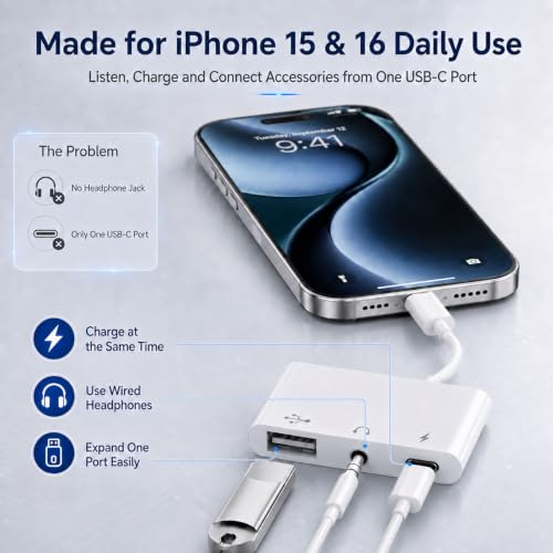 3-in-1 USB C Adapter for iPhone 15 16, USB C to USB-A OTG Adapter with 3.5mm Headphone Jack & PD Fast Charging Port, USB C Splitter for MacBook Pro Air, iPad Pro, Samsung Galaxy S23 S24