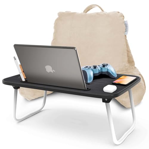 Nestl Reading Pillow with Portable Laptop Lap Desk, Velvet Feel Back Pillow for Sitting in Bed, Shredded Memory Foam Back Support Pillow for Bed, Bed Rest Pillow with Arms, Small - Cream