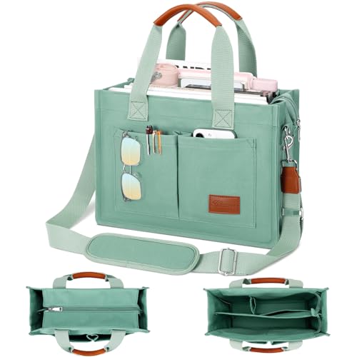 KKXIU Large Canvas Tote Bag for Women with Zipper and Compartments Crossbody Work Bible Messenger Purse Bag With Pockets - color: Green, size: Large