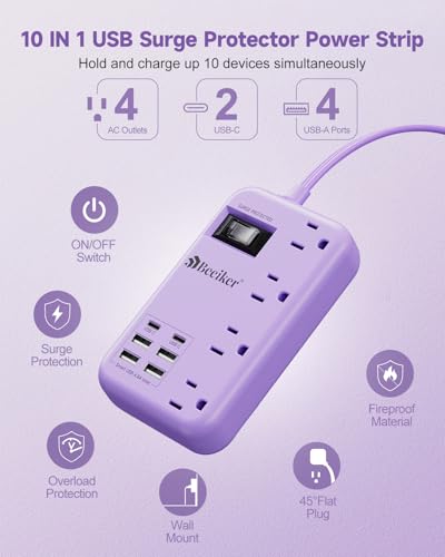 6 USB (2 USB C) Purple Travel Power Strip,5 Feet Lavender Extension Cord | 6 USB,2 USB C,24W USB Charging Station,4 Outlets,Surge Protector,Purple Desk Accessories,Cute Kawaii Office Dorm Room,5 foot - size: Purple-24W USB-5ft-980J
