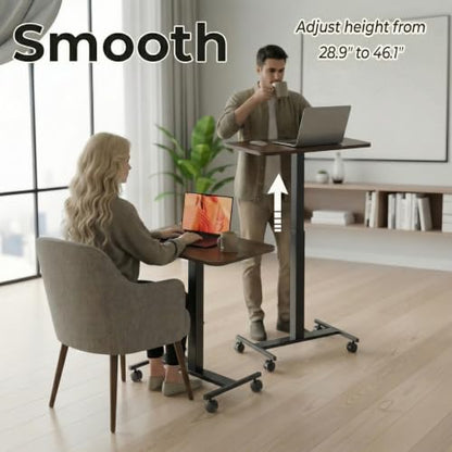 HUANUO Small Rolling Laptop Standing Desk, Height Adjustable Mobile T-Base Desk with Lockable Casters, Portable Sit-Stand Workstation for Bedside & Sofa, Walnut - color: Walnut