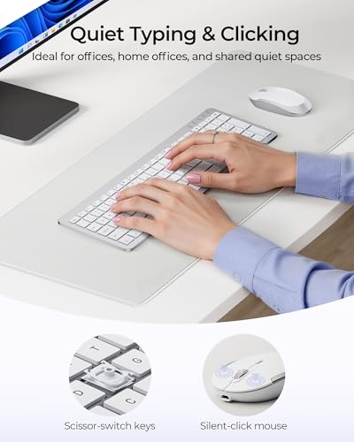 seenda Rechargeable Wireless Keyboard and Mouse Combo, Silver and White | Quiet, slim full-size keyboard with numpad, 2.4GHz USB receiver, USB-C charging, 3-level DPI mouse for Windows PCs/laptops - color: White and Silver