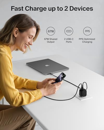 Belkin 67W Dual-Port GaN USB C Charger Block, Fast Charging | Dual-Port Wall Charger, iPhone 17, iPad Pro, Chromebook, Samsung Galaxy S25 Ultra, Pixel 10, Travel - style: 67W Black