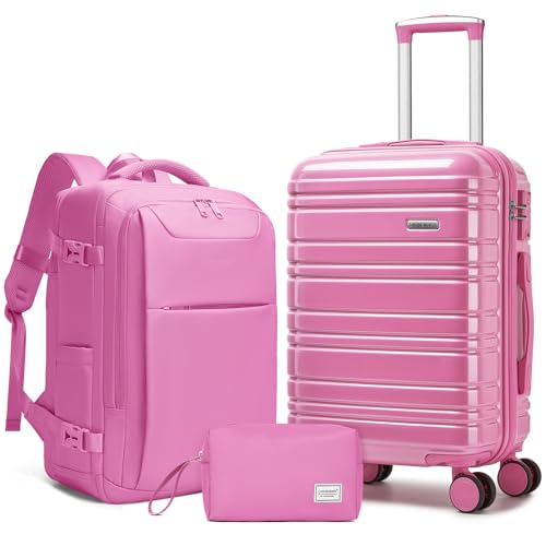 LARVENDER Carry on Luggage Sets 3 Piece, 20 Inch Suitcases, Glossy Berry | 22x14x9 Airline Approved, Lightweight PC+ABS Hardshell, Smooth 360° Double Wheels, TSA Lock, 3-Piece Set with XL Backpack - color: Glossy Berry (XL-BP), size: 3 Piece Set (Backpack