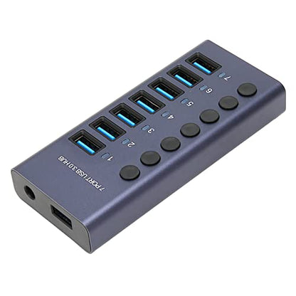 USB 3.0 Hub 7 Ports 5Gbps Fast Transfer Docking Station 5V 2.4A 36W USB 3.0 Splitter with Blue LED Indicator for PC Phone 100-240V (US Plug)