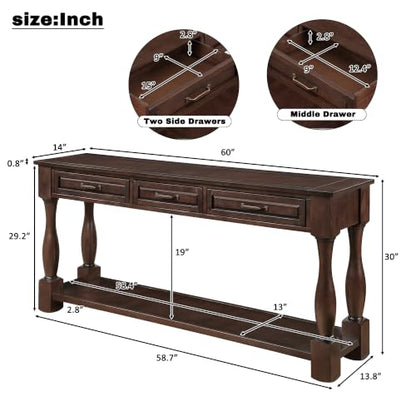 60" Solid Wood Console Table for Entryway,Sofa Table with 3 Drawers | 60" Espresso Entryway Table with Storage Drawers & Shelf,Solid Wood Long Sofa Table for Hallway,Foyer,Entry,Easy Assembled - color: Espresso